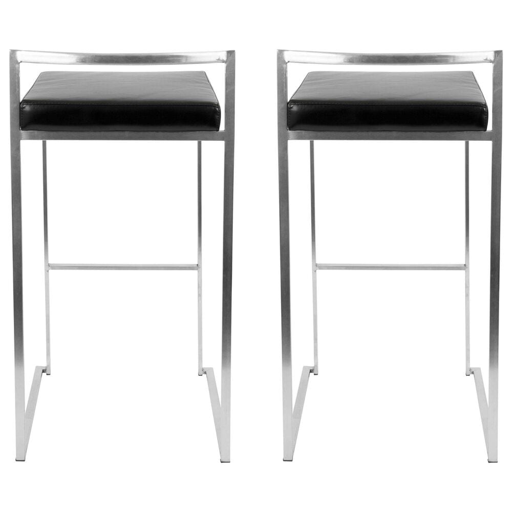 Lumisource Fuji Stackable Barstool with Black Faux Leather in Brushed Stainless Steel &#40;Set of 2&#41;, , large