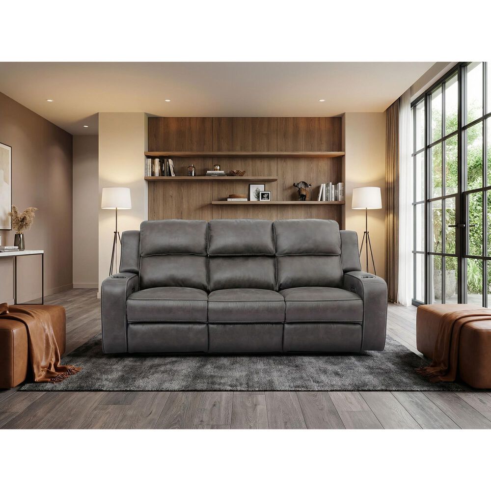 Oxford Furniture Power Reclining Sofa with Power Headrest and Drop Down Table in Cowboy Granite, , large