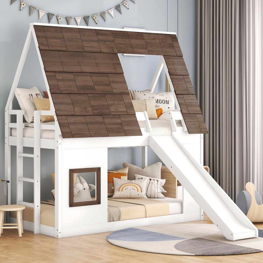 Hearth and Haven Twin over Twin House Bunk Bed with Roof in White and Brown, , large