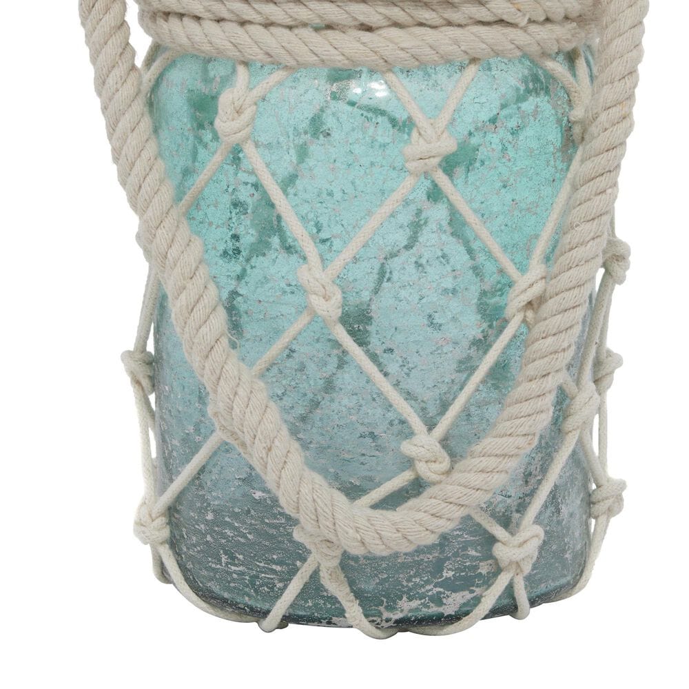 Maple and Jade 5&quot; x 16&quot; Indoor/Outdoor Candle Lantern with Rope Handle in Frosted Blue and Cream, , large