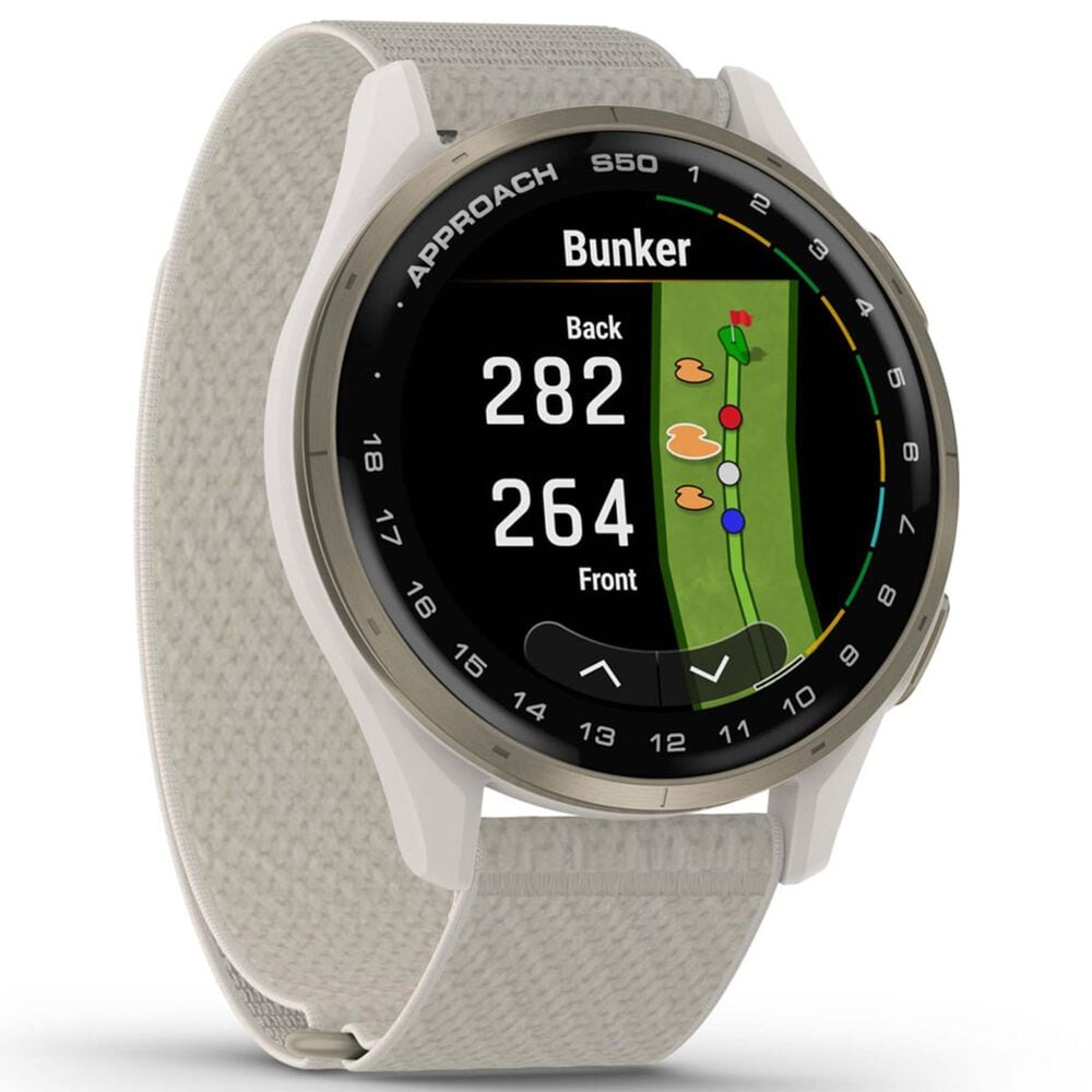 Garmin Approach S50 43mm Golf and Fitness Smartwatch Cream Gold Aluminum Bezel Case with Ivory Nylon Band, , large