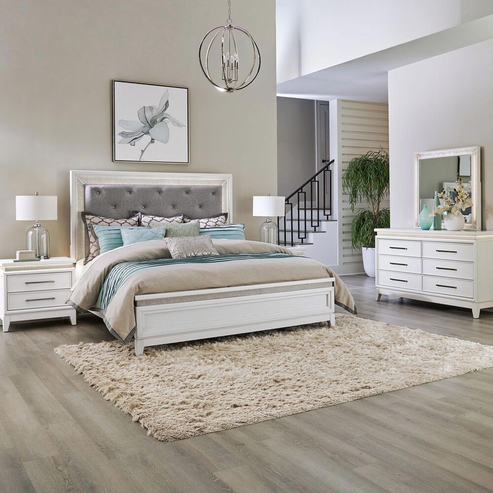 Belle Furnishings Reflections 4-Piece King Upholstered Bedroom Set in Pearl White and Rhinestone, , large