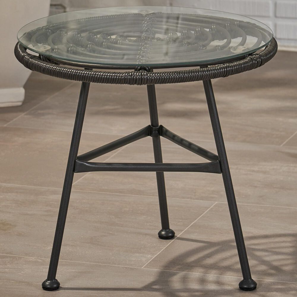 Hearth and Haven Orlando Outdoor Round Side Table with Glass Top in Gray, , large