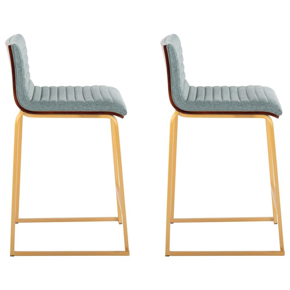 Lumisource Mason 25&quot; Counter Stool with Green Fabric Cushion in Gold and Walnut &#40;Set of 2&#41;, , large