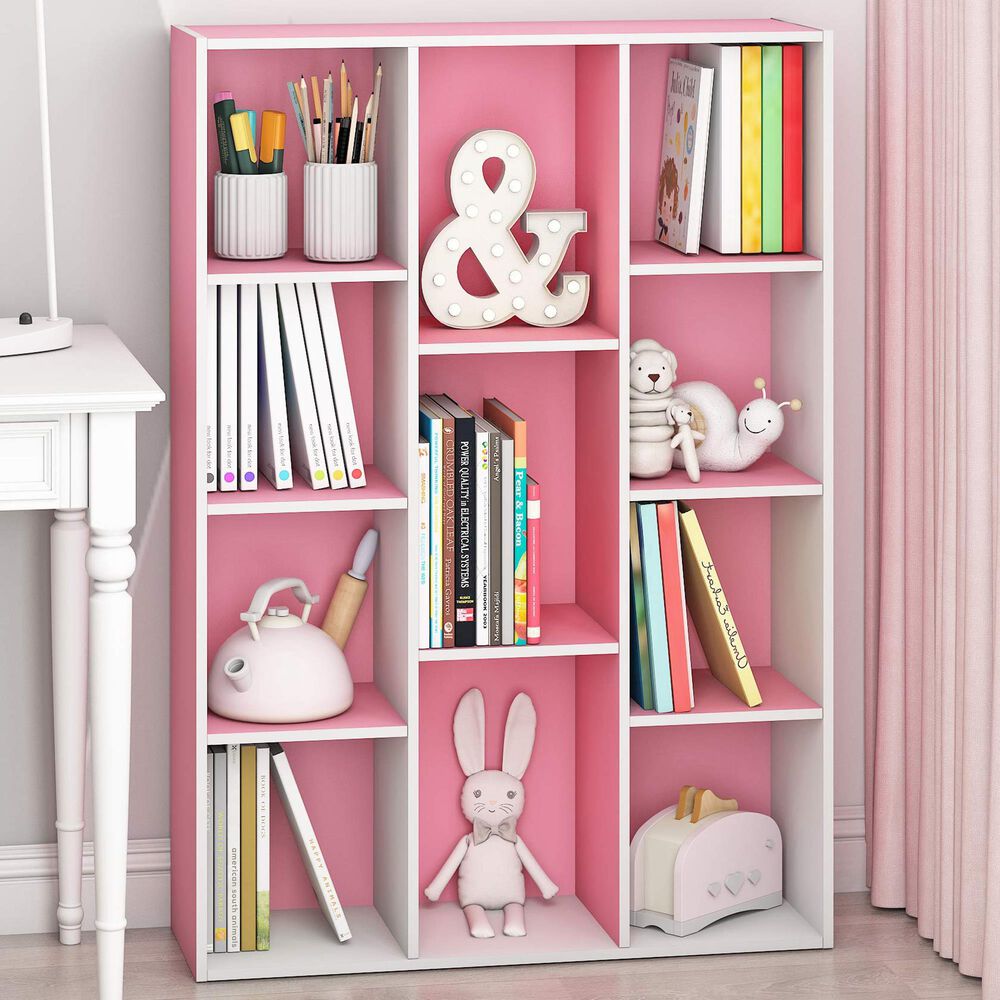 HOMLUX 11-Cube Reversible Open Shelf Bookshelf in White and Pink, , large