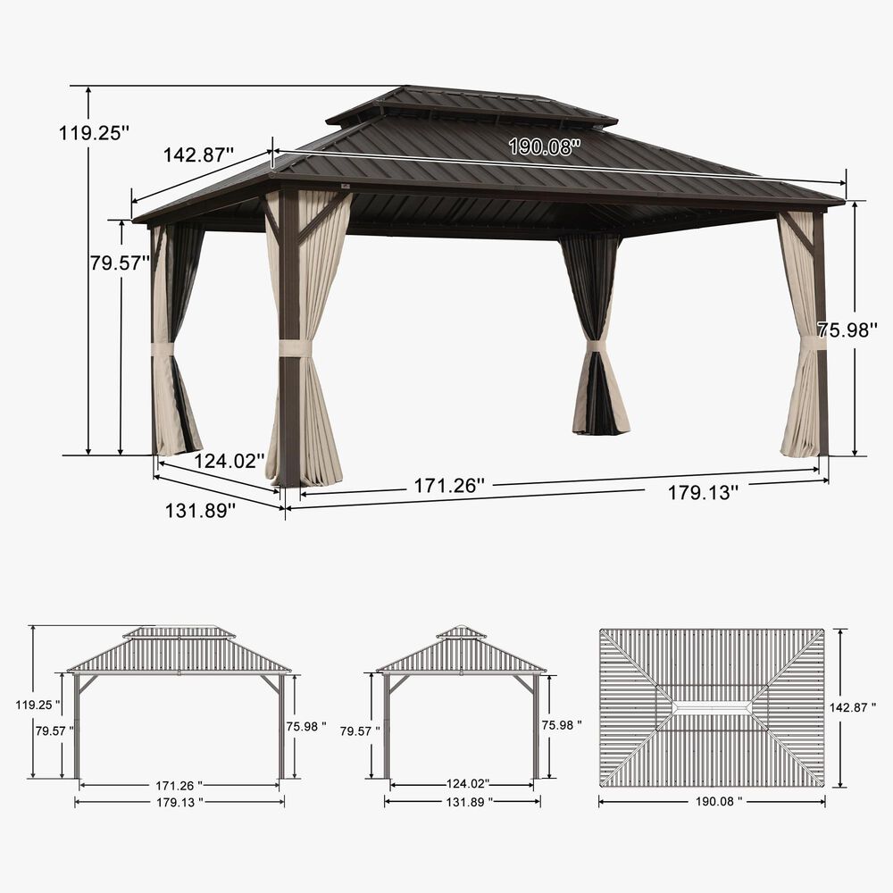 HOMLUX 12' x 16' Outdoor Hardtop Gazebo with Galvanized Steel Roof, Aluminum Frame, Curtains &amp; Netting in Brown, , large