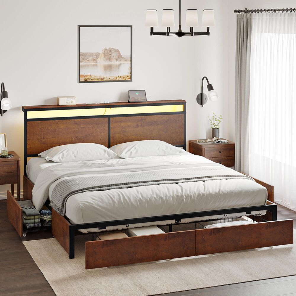 HOMLUX King 4-Drawer Storage Bed with LED Headboard and Charging Station in Rustic Brown, , large