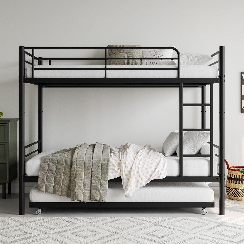 Hearth and Haven Twin Metal Bunk Bed with Trundle Ladder and Full-Length Guardrail in Black, , large