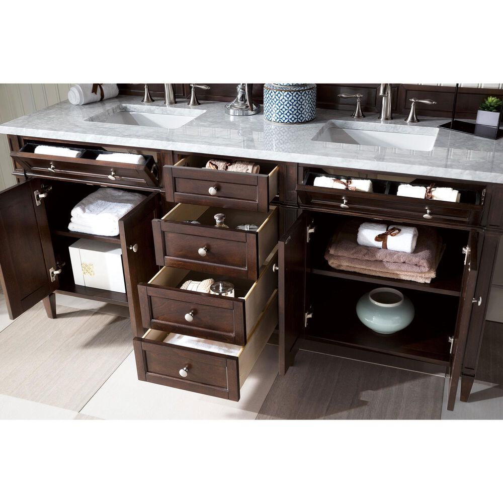 James Martin Vanities Brittany 72&quot; Double Bathroom Vanity in Burnished Mahogany with 3 cm Carrara White Marble Top and Rectangle Sinks, , large