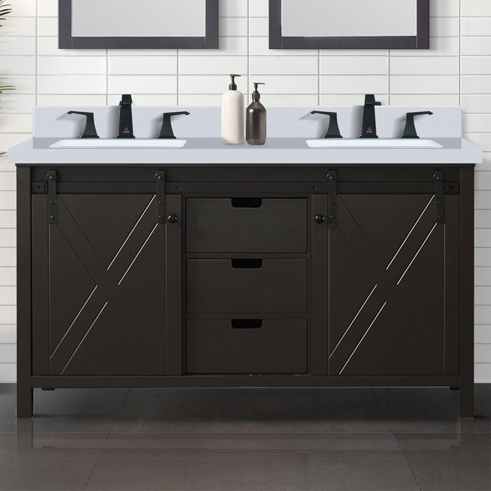 Lexora Home Marsyas 60&quot; Double Bathroom Vanity in Brown with White Quartz Top and Rectangular Sinks, , large
