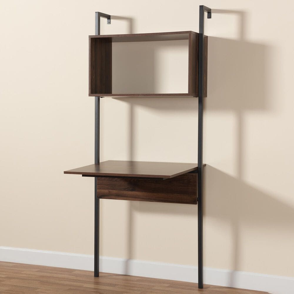 Baxton Studio Fariat Display Shelf with Desk in Walnut Brown and Black, , large