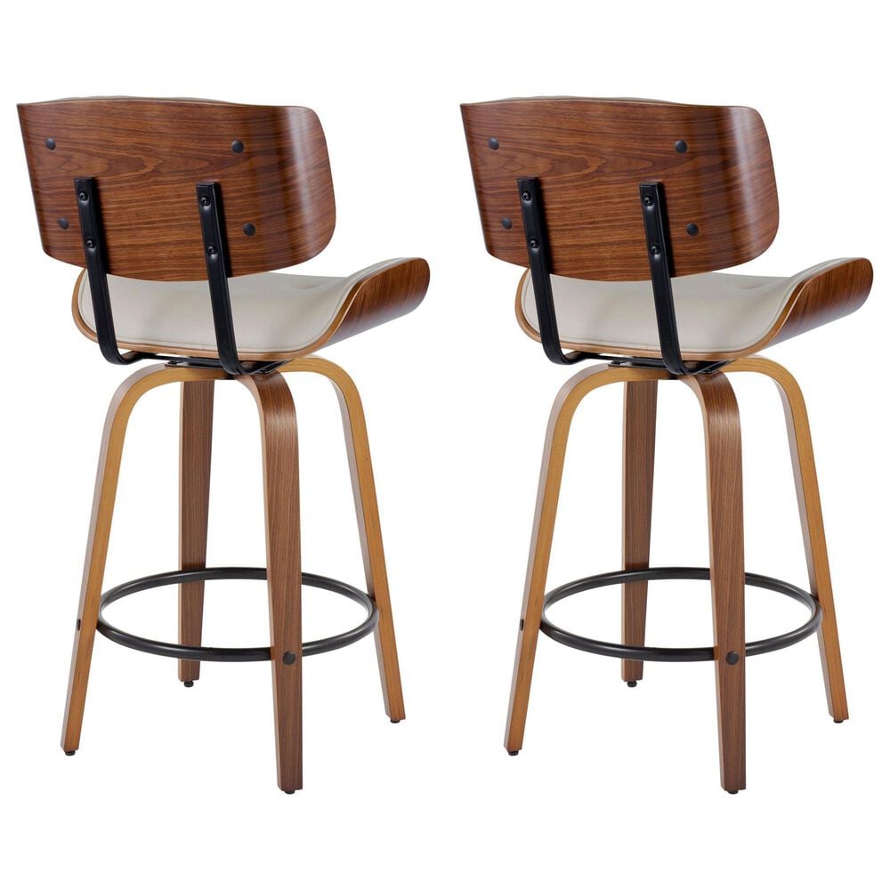 LumiSource Lombardi 26" Swivel Counter Stool with Cream Faux Leather Upholstery in Walnut and Black (Set of 2), , large