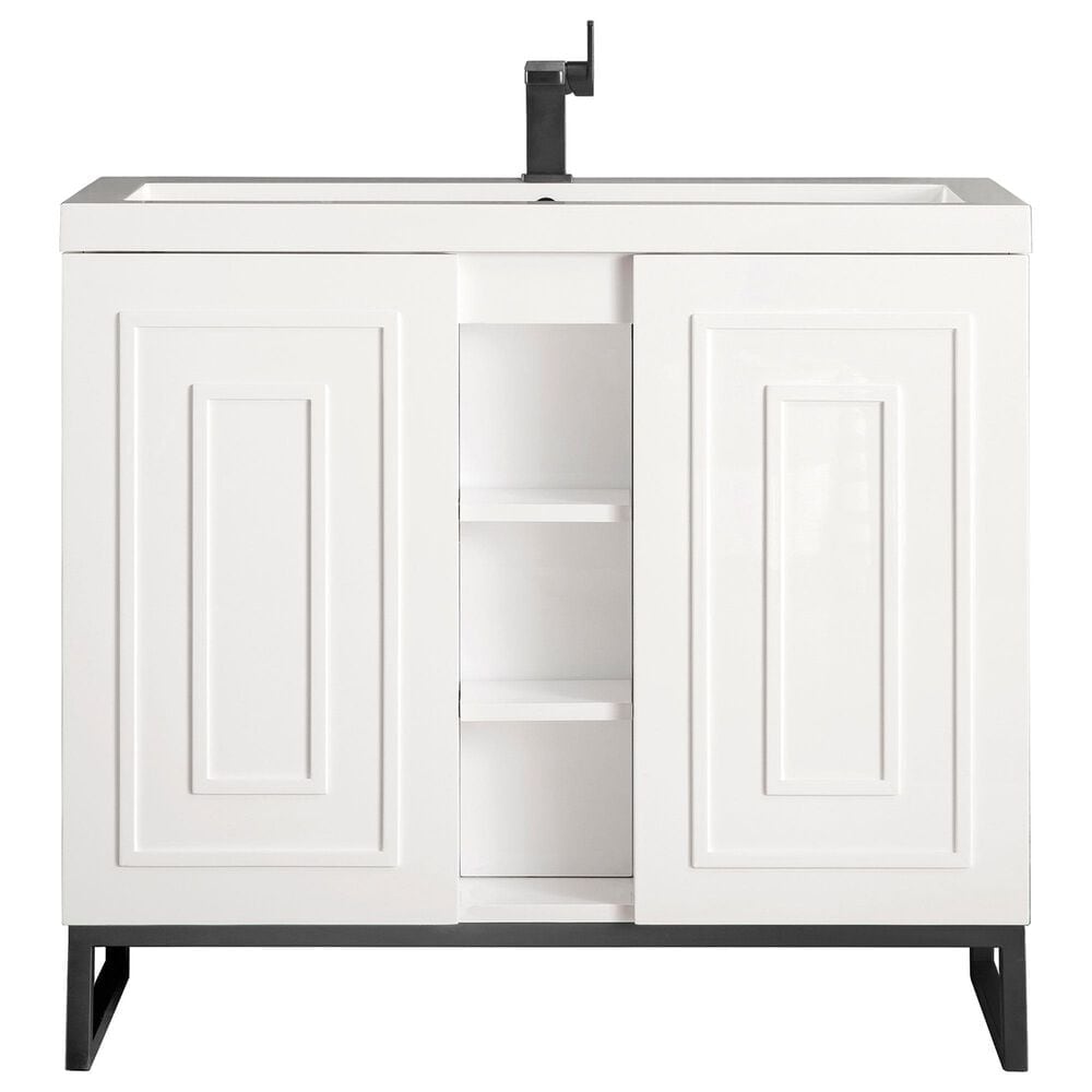 James Martin Vanities Alicante 39.5" Single Bathroom Vanity in Glossy White and Matte Black with 5 cm White Glossy Resin Top and Rectangular Sink, , large