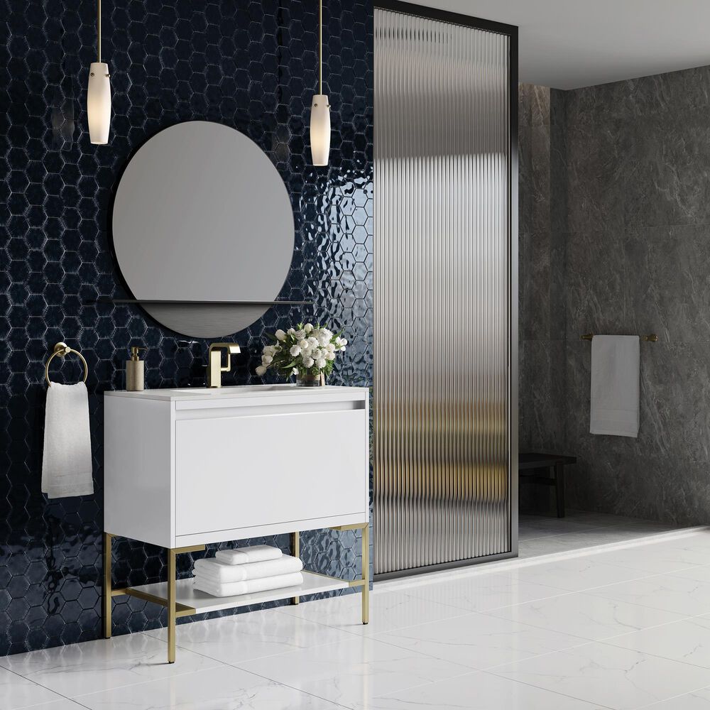 James Martin Mantova 35.4&quot; Single Bathroom Vanity in Glossy White and Champagne Brass with 2 cm Glossy White Solid Surface Top and Rectangular Sink, , large