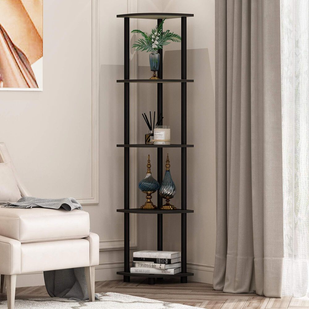 HOMLUX 5-Tier Multi-Purpose Corner Open Bookshelf in Espresso and Black (Set of 2), , large