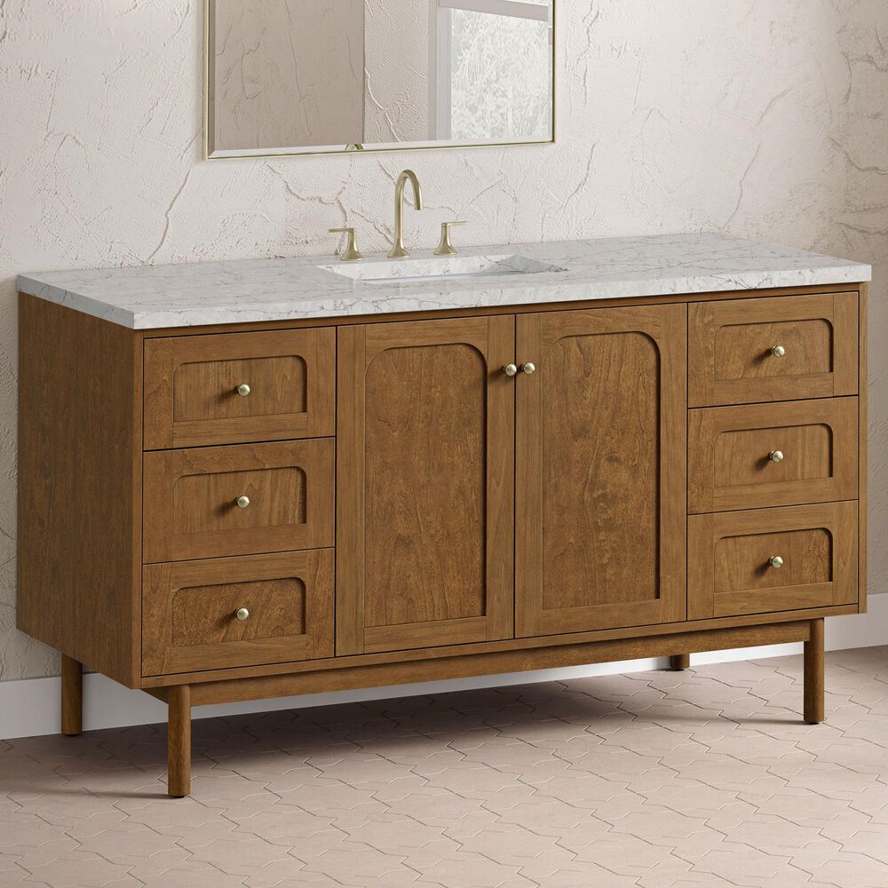 James Martin Laurent 60" Single Bathroom Vanity in Honey Oak with 3 cm Eternal Jasmine Pearl Silestone Top and Rectangular Sink, , large