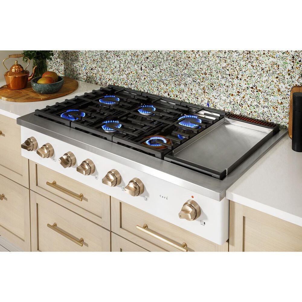 Cafe 48&quot; Natural Gas Rangetop with Integrated Griddle in Matte White and Brushed Bronze, , large