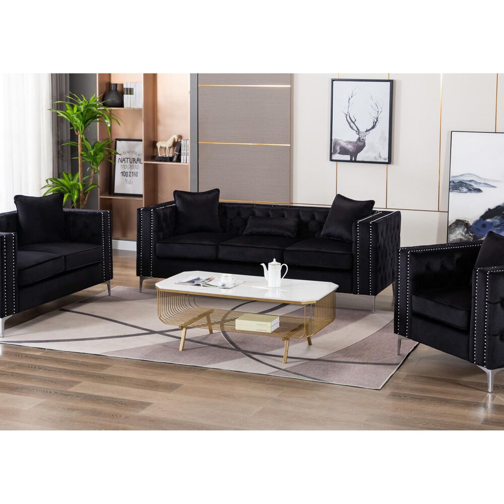HOMLUX 86"W Velvet Sofa with Button Tufting, Nailhead Trim &amp; Chrome Legs in Black, , large