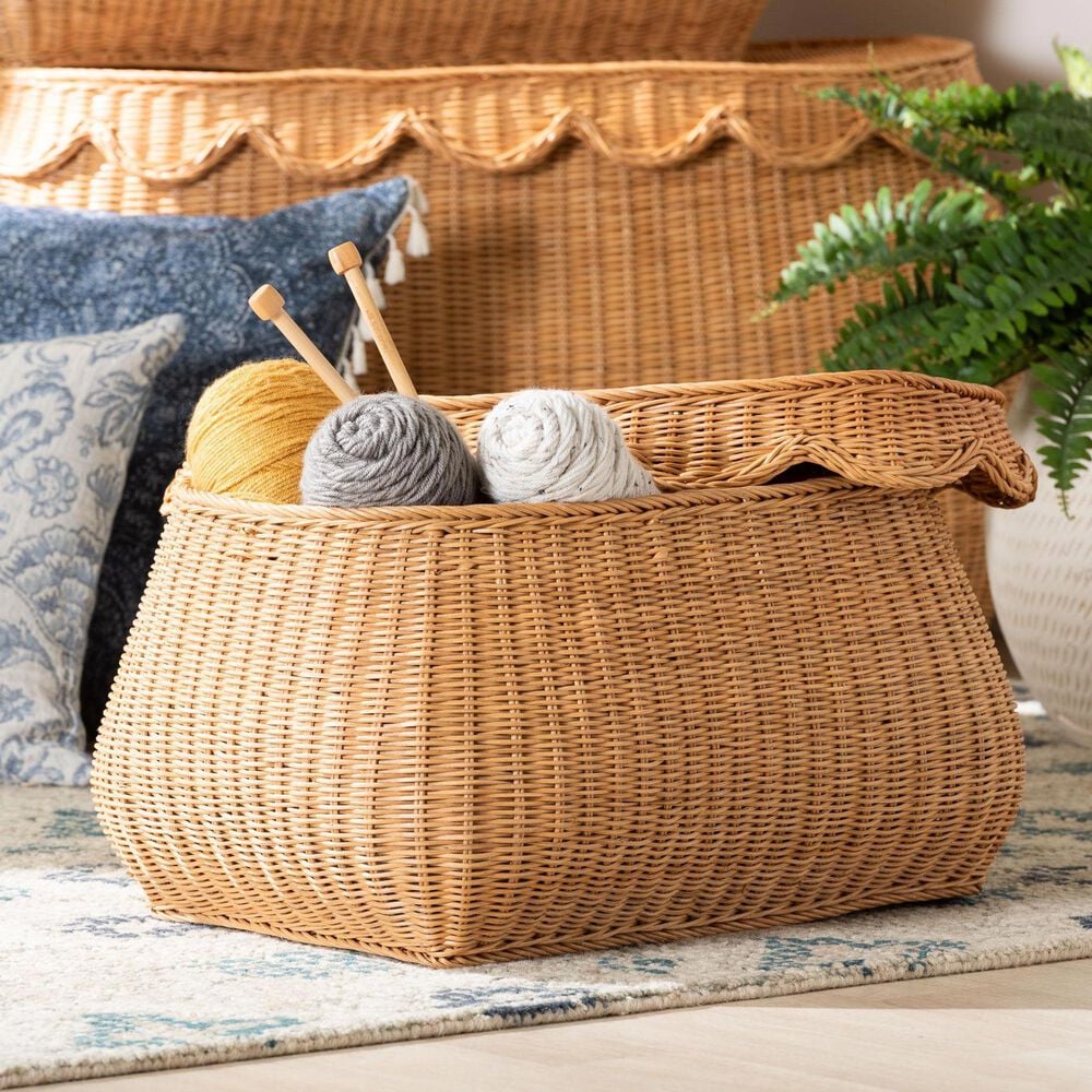 Baxton Studio Ayleen Small Basket with Scalloped Lid in Light Honey, , large