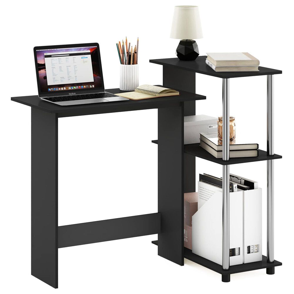 HOMLUX L-Shaped Computer Desk with Open Display Shelves in Americano and Stainless Steel, , large