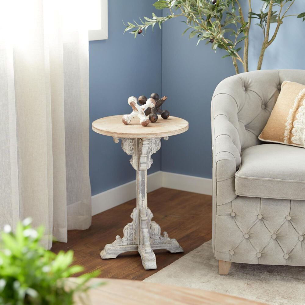 Maple and Jade Intricately Carved Scroll Accent End Table in Distressed Gray and Dark Brown, , large
