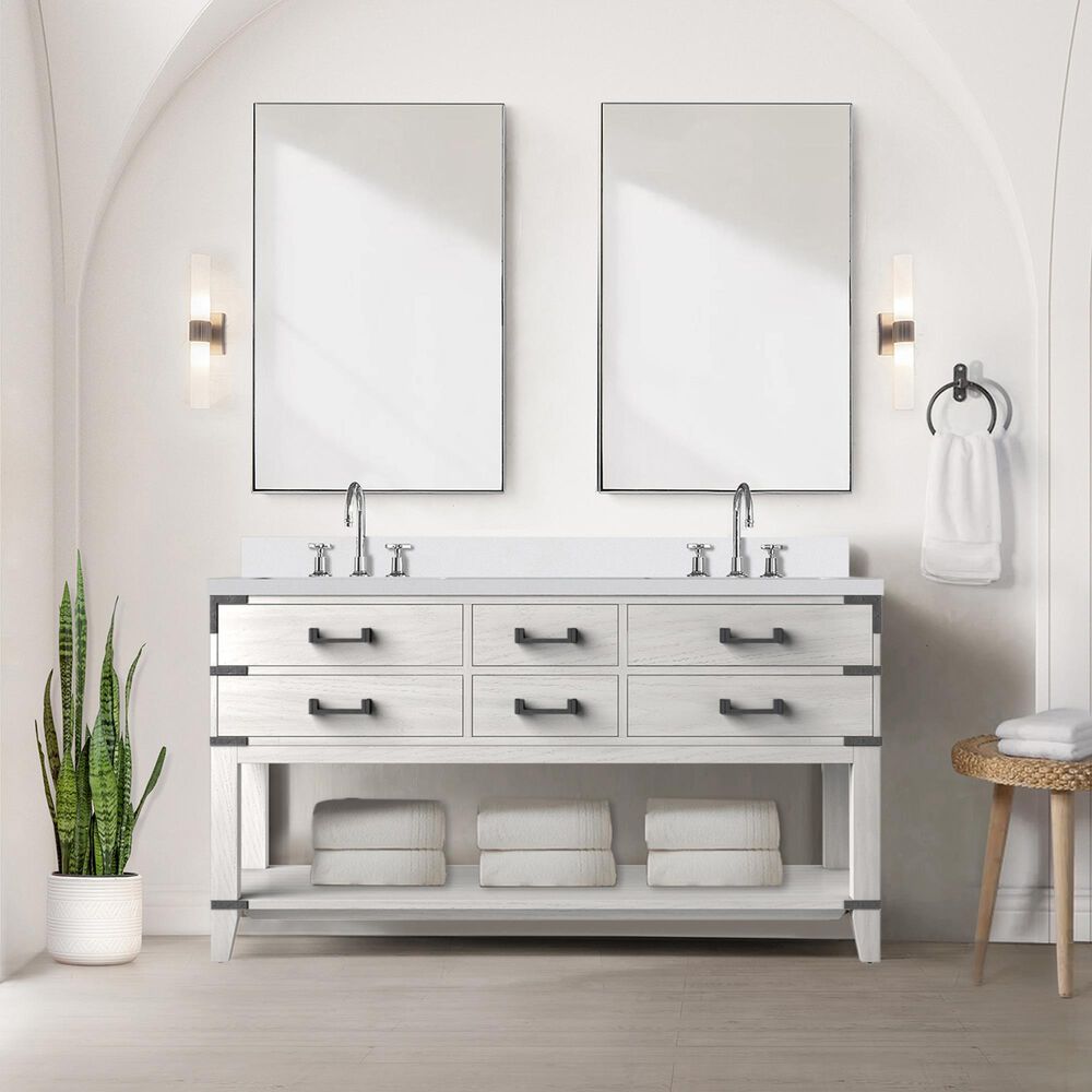 Lexora Home Norwalk 60&quot; Double Bathroom Vanity in White Oak with White Cultured Marble Top  and Rectangle Sink, , large