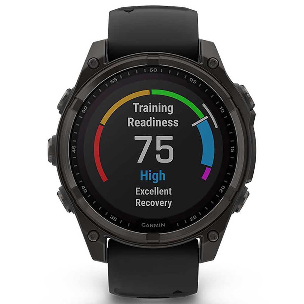 Garmin Fenix 8 Sapphire AMOLED Smartwatch 43mm Carbon Gray DLC Titanium Case with Black and Pebble Gray Silicone Band, , large