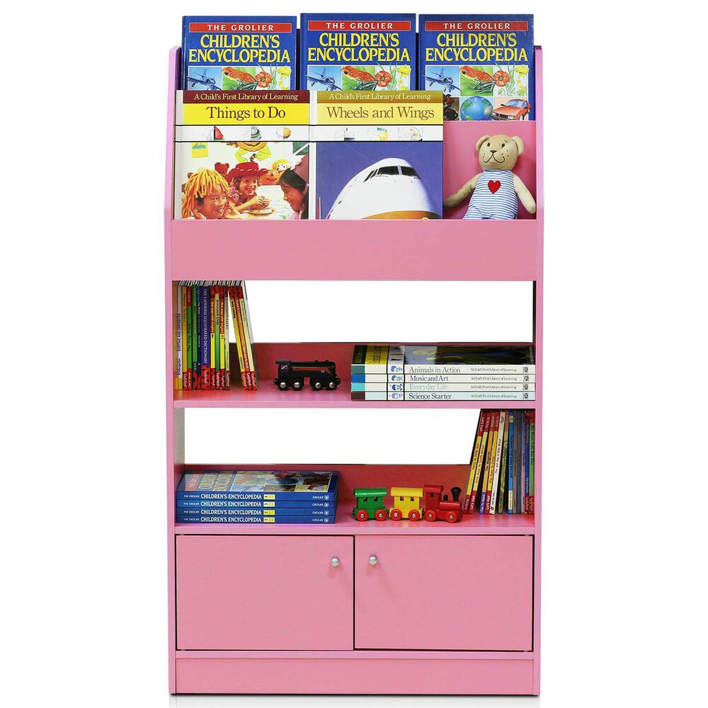 HOMLUX 4-Tier Space Saving Bookshelf with Storage Cabinet and Door in Pink, , large