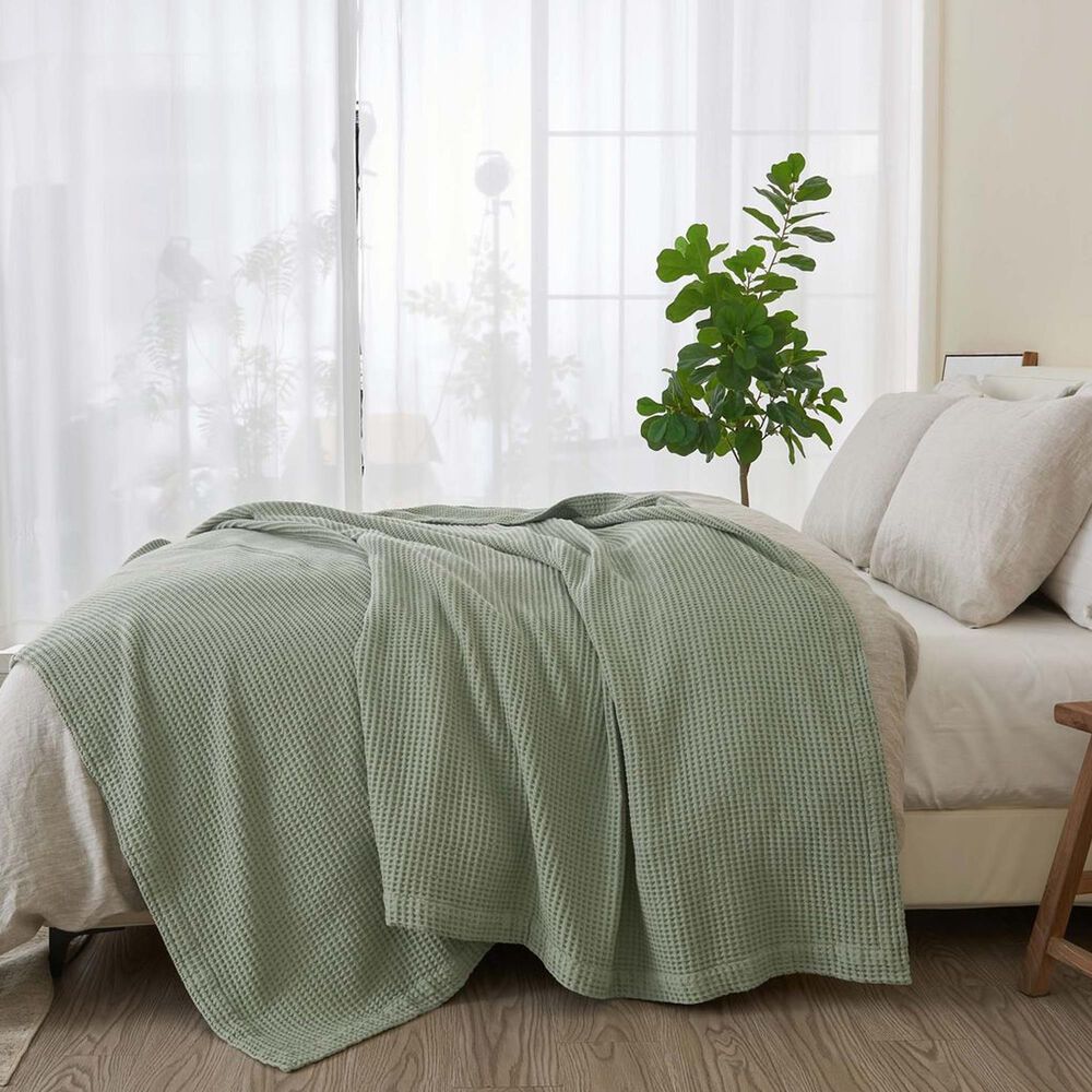 Trade Linker Full/Queen Waffle Weave Knit Throw Blanket in Sage, , large
