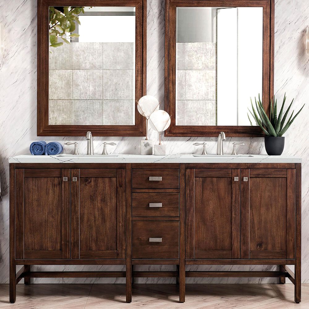 James Martin Vanities Addison 72&quot; Double Bathroom Vanity in Mid Century Acacia with 3 cm Ethereal Noctis Quartz Top and Rectangular Sinks, , large