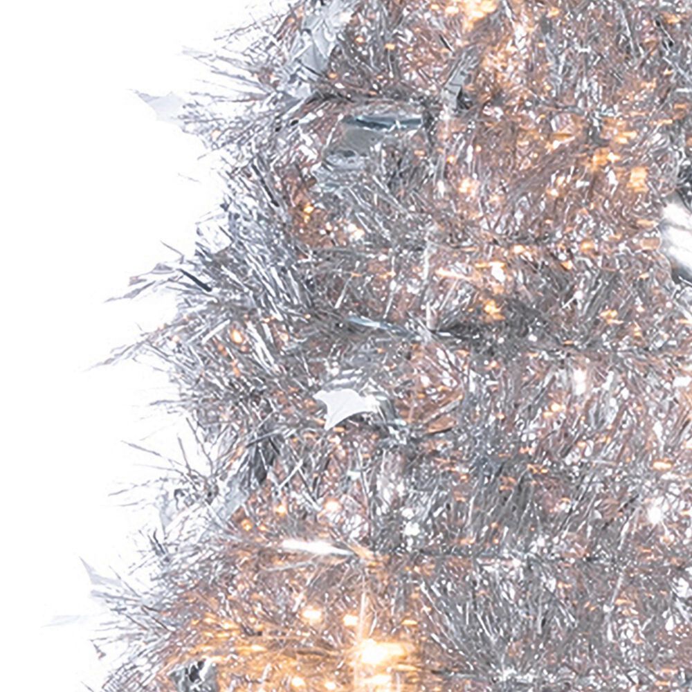 The Gerson Company 6&#39; Pop-Up LED Silver Tinsel Tree with Holly Leaves in Silver, , large