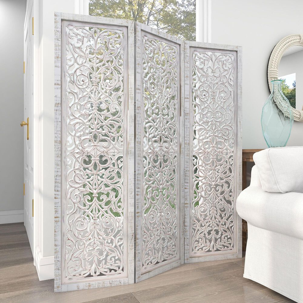 Maple and Jade 3-Panel Folding Screen in White, , large