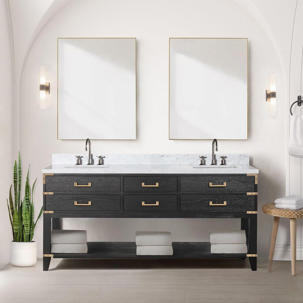 Lexora Home Norwalk 72&quot; Double Bathroom Vanity in Black Oak with White Carrara Marble Top and Rectangular Sinks, , large
