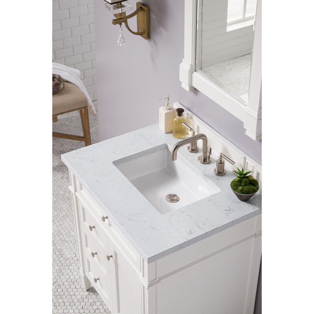James Martin Vanities Brittany 30&quot; Single Bathroom Vanity in Bright White with 3 cm Eternal Jasmine Pearl Quartz Top and Rectangle Sink, , large