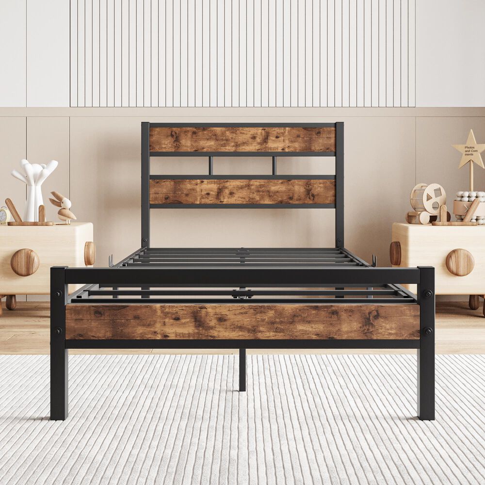 Hearth and Haven Twin Platform Bed with Metal Slats Support in Black and Brown, , large
