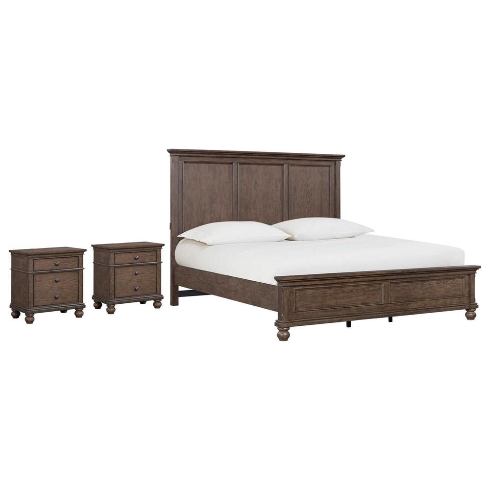 Riva Ridge Oxford California King Panel Bed with Two Nightstands in Cocoa with AC Outlets and USB Ports, , large