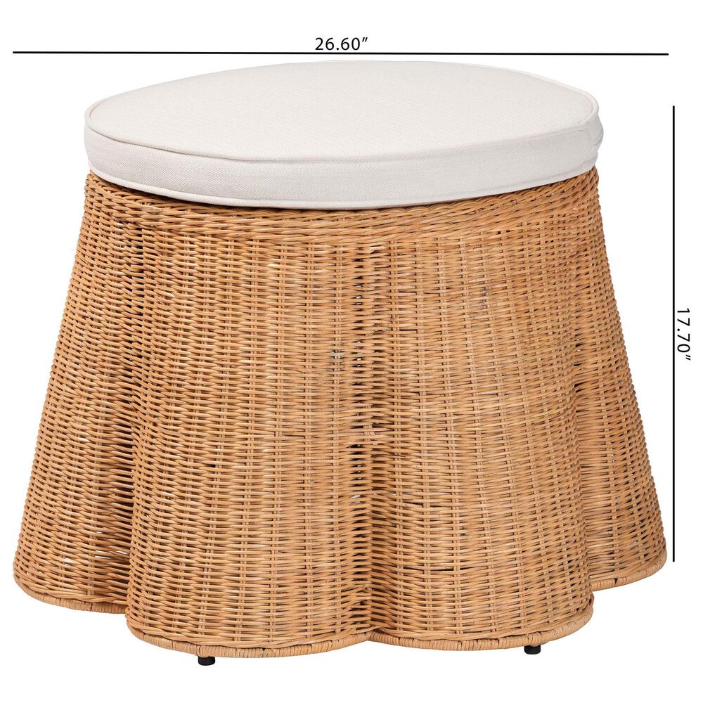 bali &amp; pari Palm 26" Round Ottoman with Light Honey Rattan in White, , large