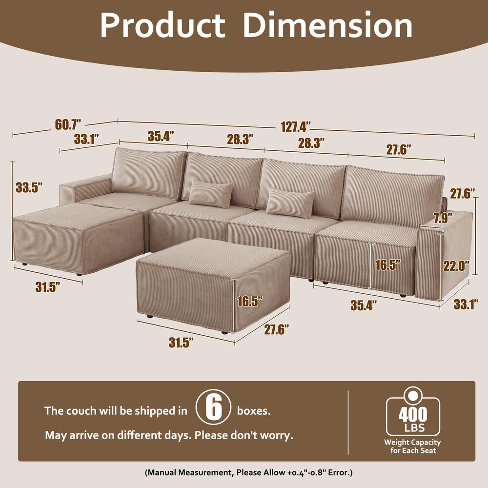 HOMLUX 127.4" Sectional Sofa in Camel, , large