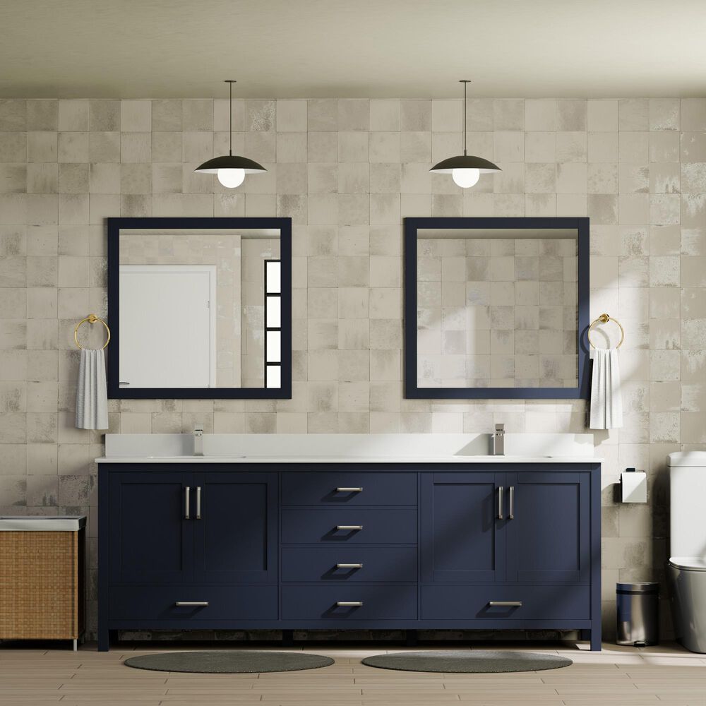 Lexora Home Jacques 80&quot; Double Bathroom Vanity in Navy Blue with 2 cm White Quartz Top and Rectangular Sinks, , large