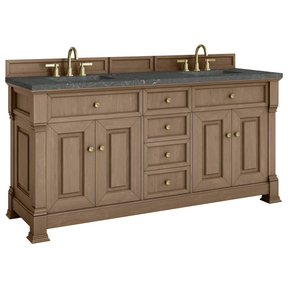 James Martin Vanities Brookfield 72" Double Bathroom Vanity in Pecan with 3cm Parisien Bleu Quartz Top and Rectangular Sinks, , large