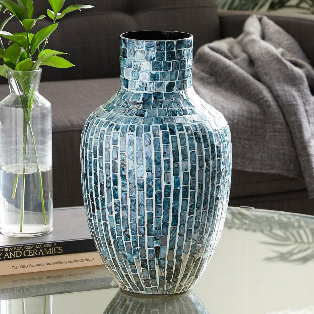 Maple and Jade 16&quot; x 9&quot; Coastal Mosaic Vase in Blue, , large