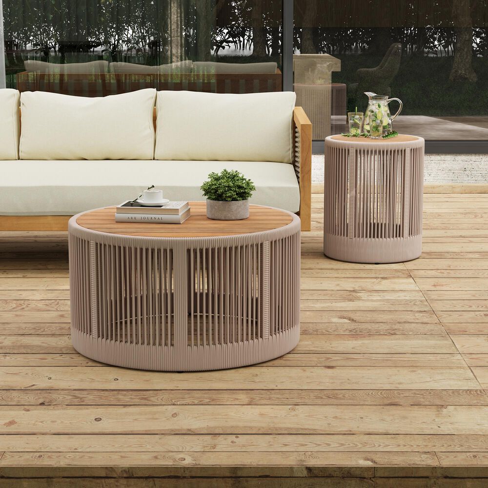 Hearth and Haven 2-Piece Outdoor Coffee Table and Side Table Set with Woven Rope Design in Beige and Teak, , large