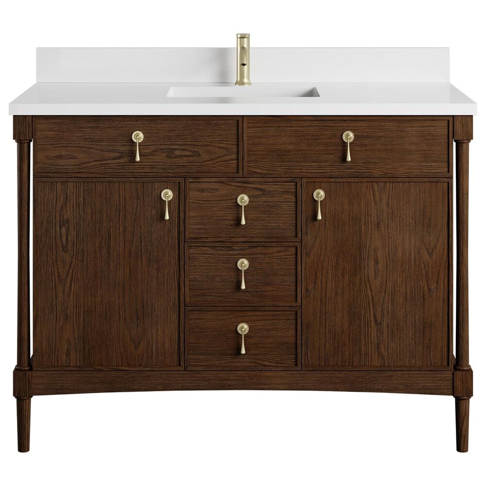 James Martin Kinnsden 48" Single Bathroom Vanity in Sable Oak with Single Hole 3 cm White Zeus Silestone Top and Rectangular Sink, , large