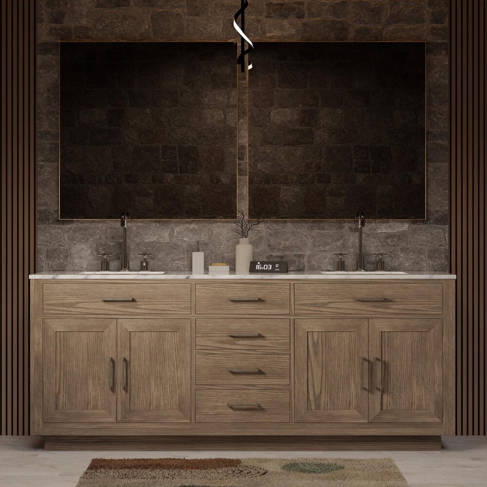 Lexora Home Abbey 84&quot; Double Bathroom Vanity in Grey Oak with 2 cm White Carrara Marble Top and Rectangular Sinks, , large