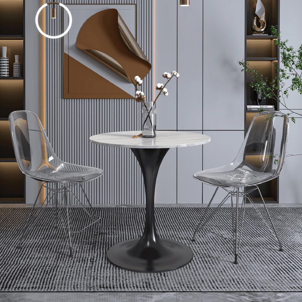 Leisuremod LeisureMod Verve Collection 27 Round Dining Table, Black Base with Sintered Stone White Top, , large