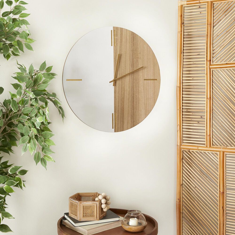 Maple and Jade Decorative Wall Clock with Marble Side in Oiled Brown and White, , large