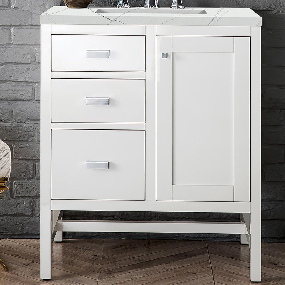 James Martin Vanities Addison 30&quot; Single Bathroom Vanity in Glossy White with 3 cm Ethereal Noctis Quartz Top and Rectangular Sink, , large