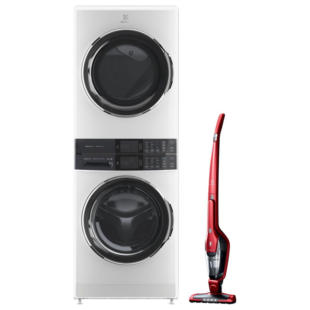 Electrolux 600 Series 4.5 Cu. Ft. Washer and 8 Cu. Ft. Electric Dryer Stack Laundry with Chili Red Ergorapido Pet Vacuum in White, , large