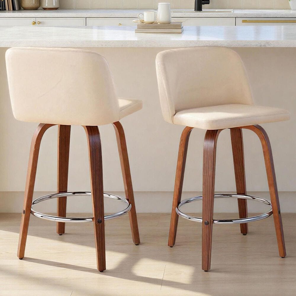 LumiSource Toriano Swivel Counter Stool with Cream Faux Leather Upholstery in Walnut and Chrome (Set of 2), , large