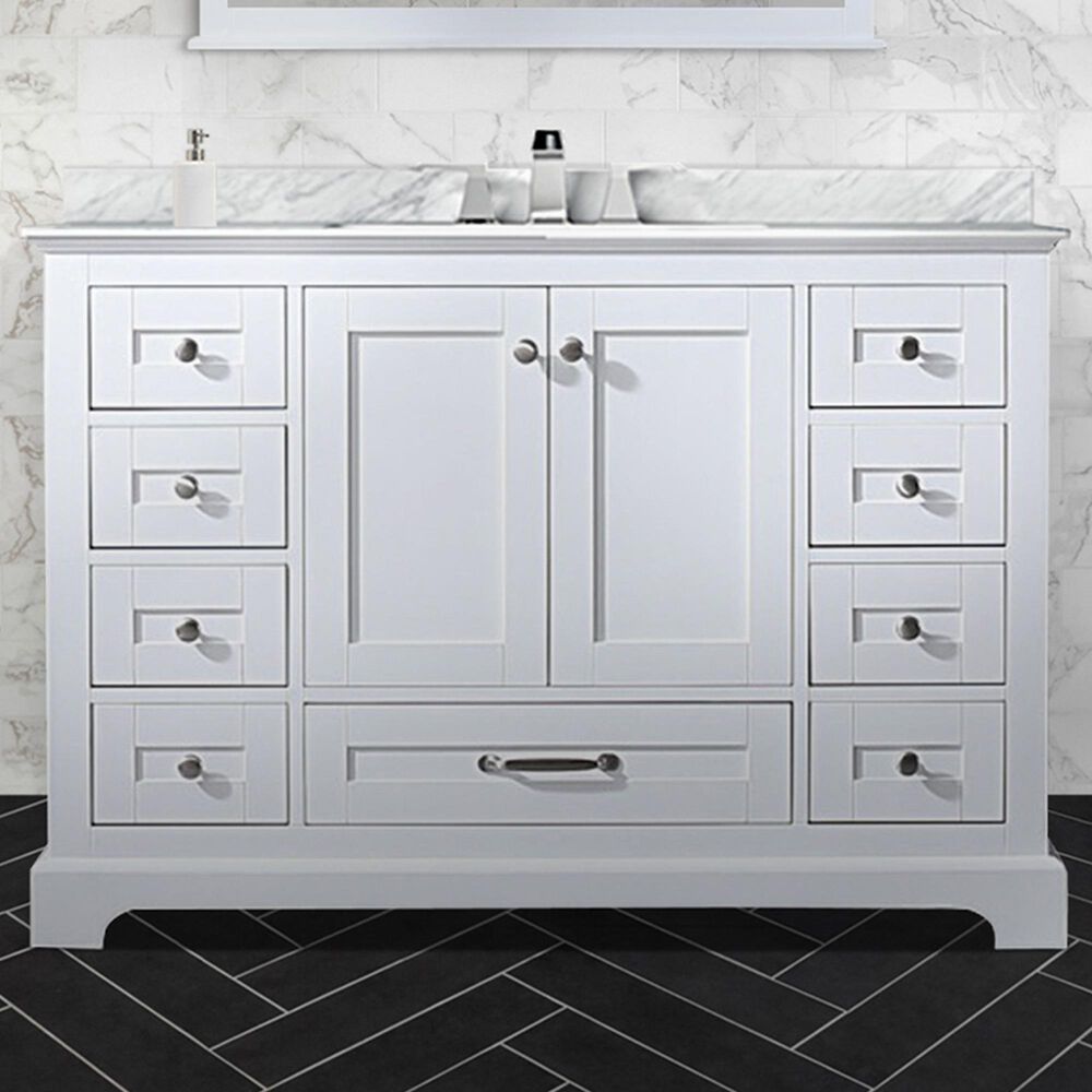 Lexora Home Dukes 48&quot; Single Bathroom Vanity in White with 2 cm White Carrara Marble Top and Rectangular Sink, , large